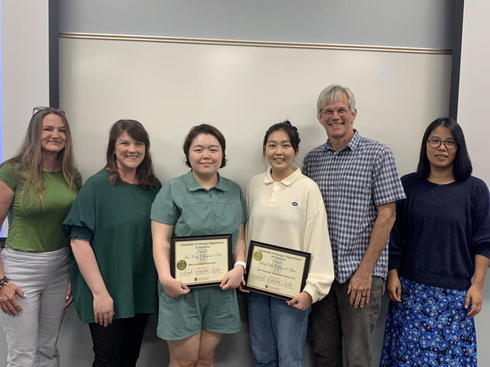 2023 STAT Consulting Award Winners; l to r: UPCR representatives, JiaNing (Janine) Xu, LingYu (Lana Zhao), Dan Hall (Director-SCC), Xianyan Chen (Assoc. Director-SCC)